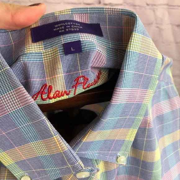 alan flusser pastel plaid button down shirt size large - Picture 3 of 3